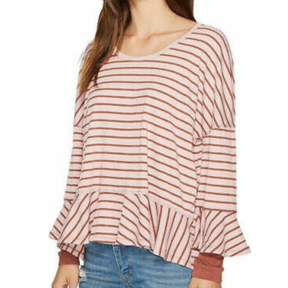 Free People Peplum Hem Stripe Ribbed Long Sleeve Layered Top Small